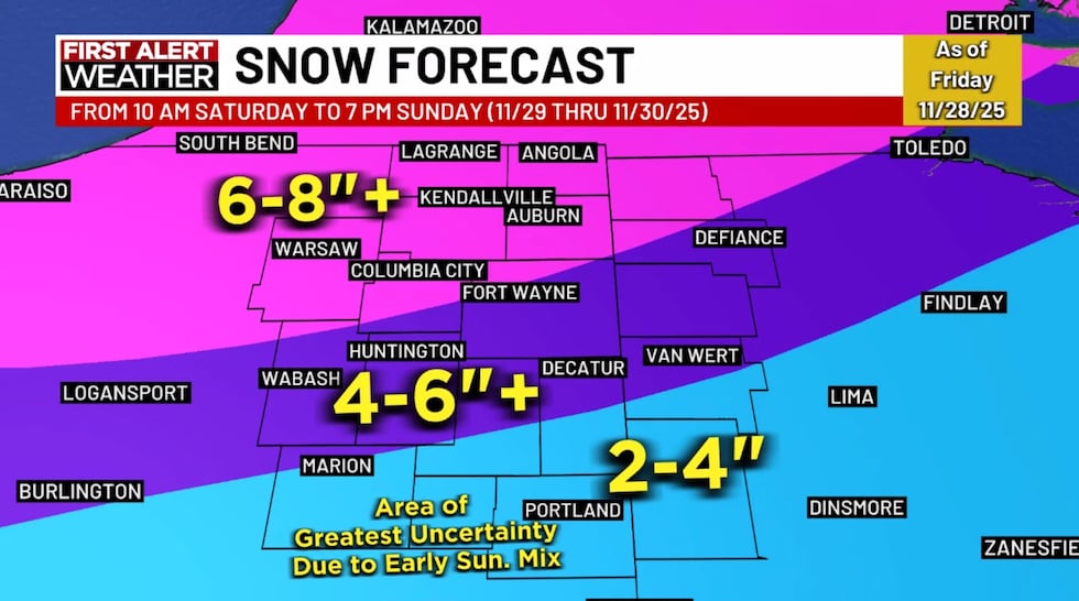 Updated snowfall map, as of 3 pm Friday (11/28/25)