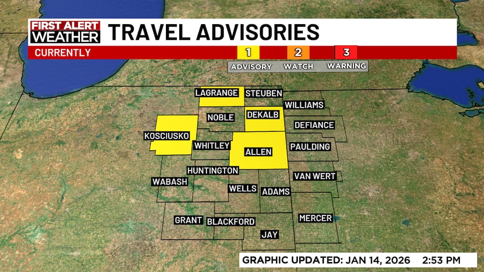 Travel Advisory issued for multiple northeast Indiana counties Wednesday