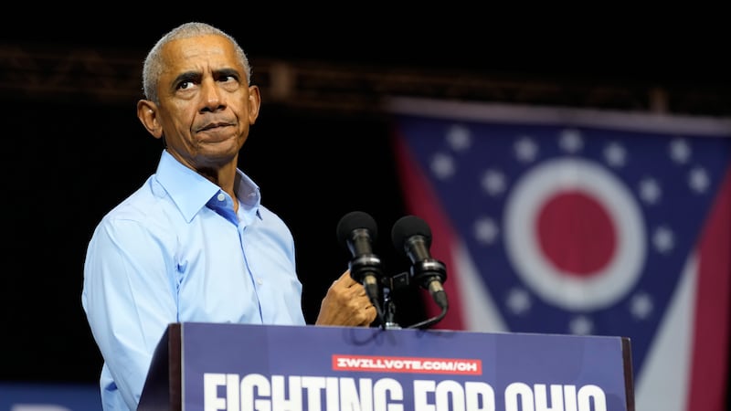 Former President Barack Obama speaks during a campaign rally for Democratic Ohio Senate...