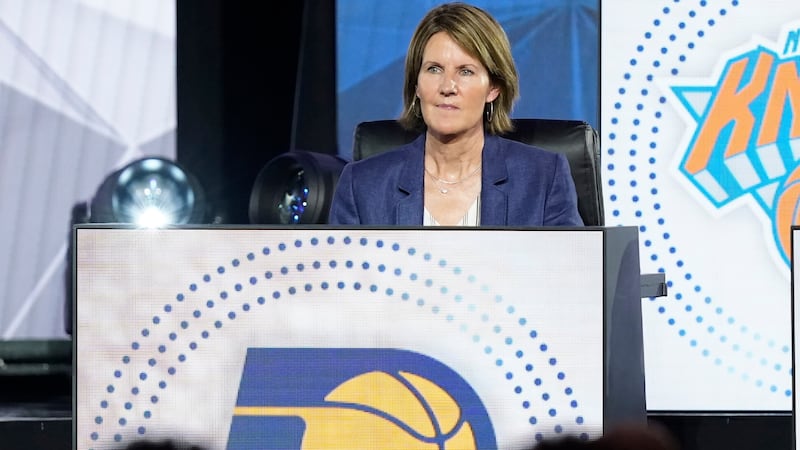 Kelly Krauskopf sits on stage during the 2022 NBA basketball Draft Lottery, May 17, 2022, in...