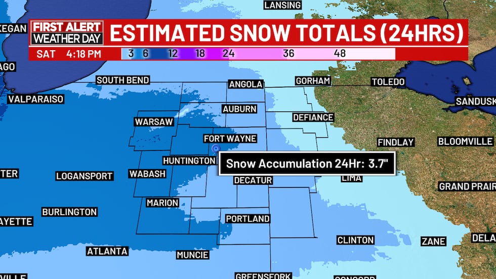 Estimated 24 hour snow totals, as of 4:18pm 11/29/2025 across Northeast Indiana and Northwest...