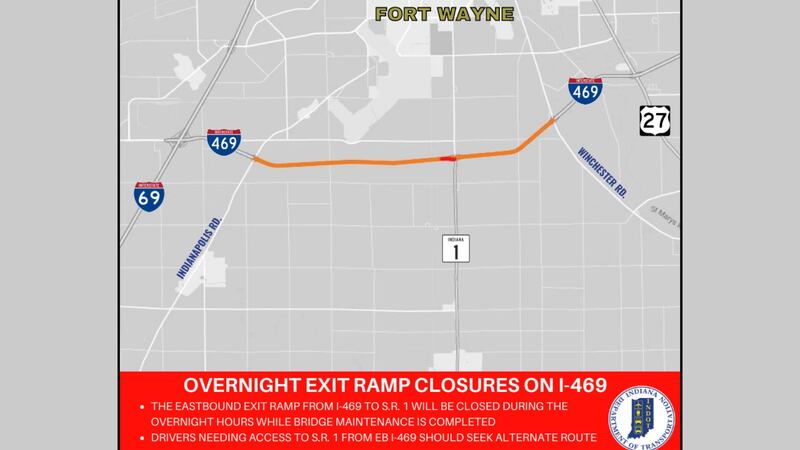 INDOT plans overnight exit ramp closures on I-469 this week