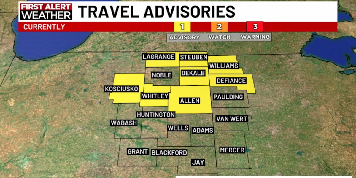 Travel Advisory issued for several northeast Indiana counties Wednesday