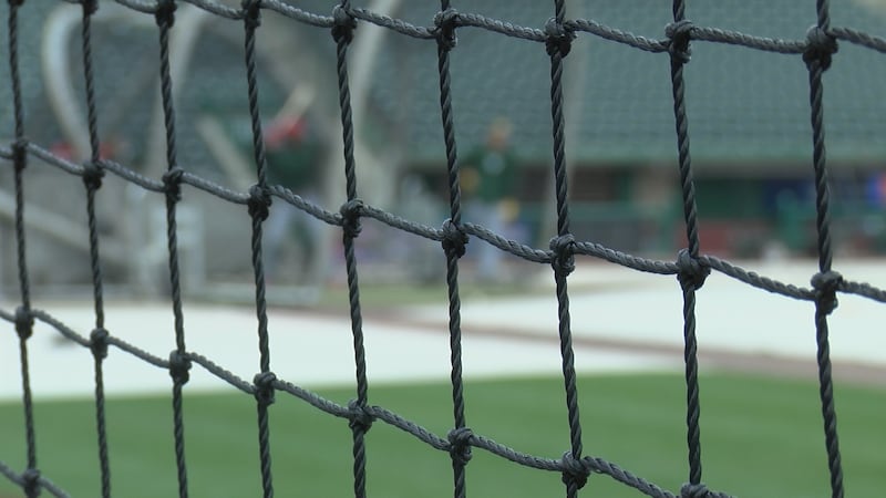 A view of TinCaps batting practice through the mesh netting at Parkview Field (4/1/24).