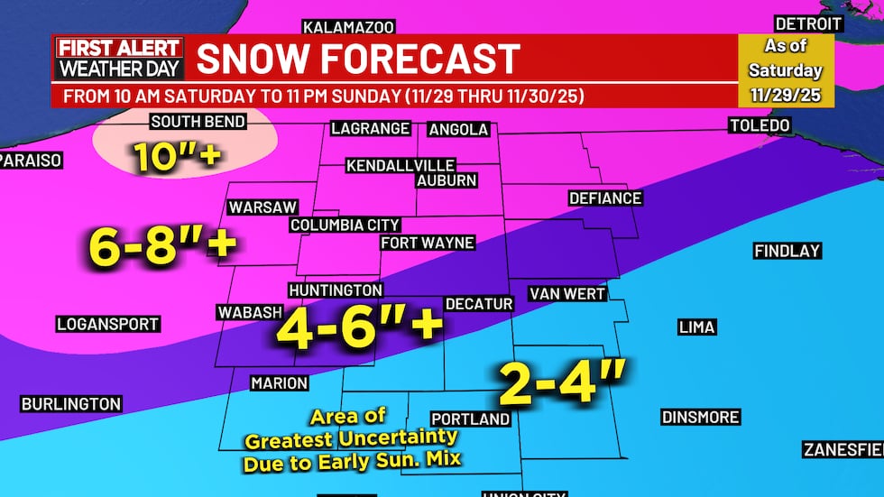 Updated snowfall forecast for NE Indiana and NW Ohio at 6pm 11/29/2025 shows Fort Wayne now...