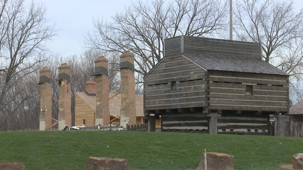 Restoration of the Spy Run Blockhouse (on the right) is complete